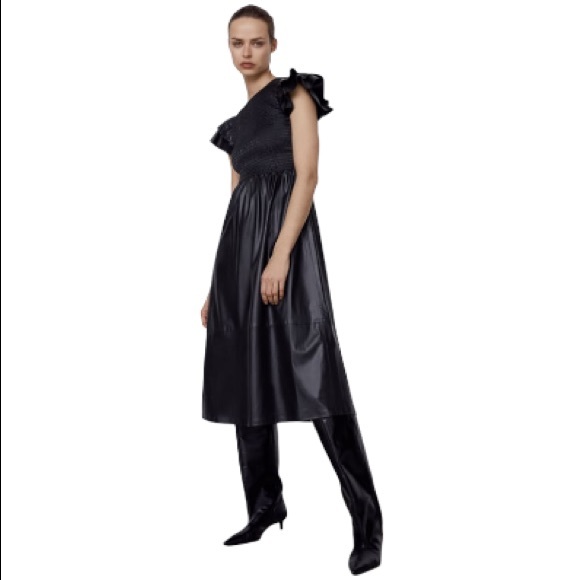 Zara Smocked Faux Leather Ruffle Sleeve Midi Dress - Picture 1 of 9